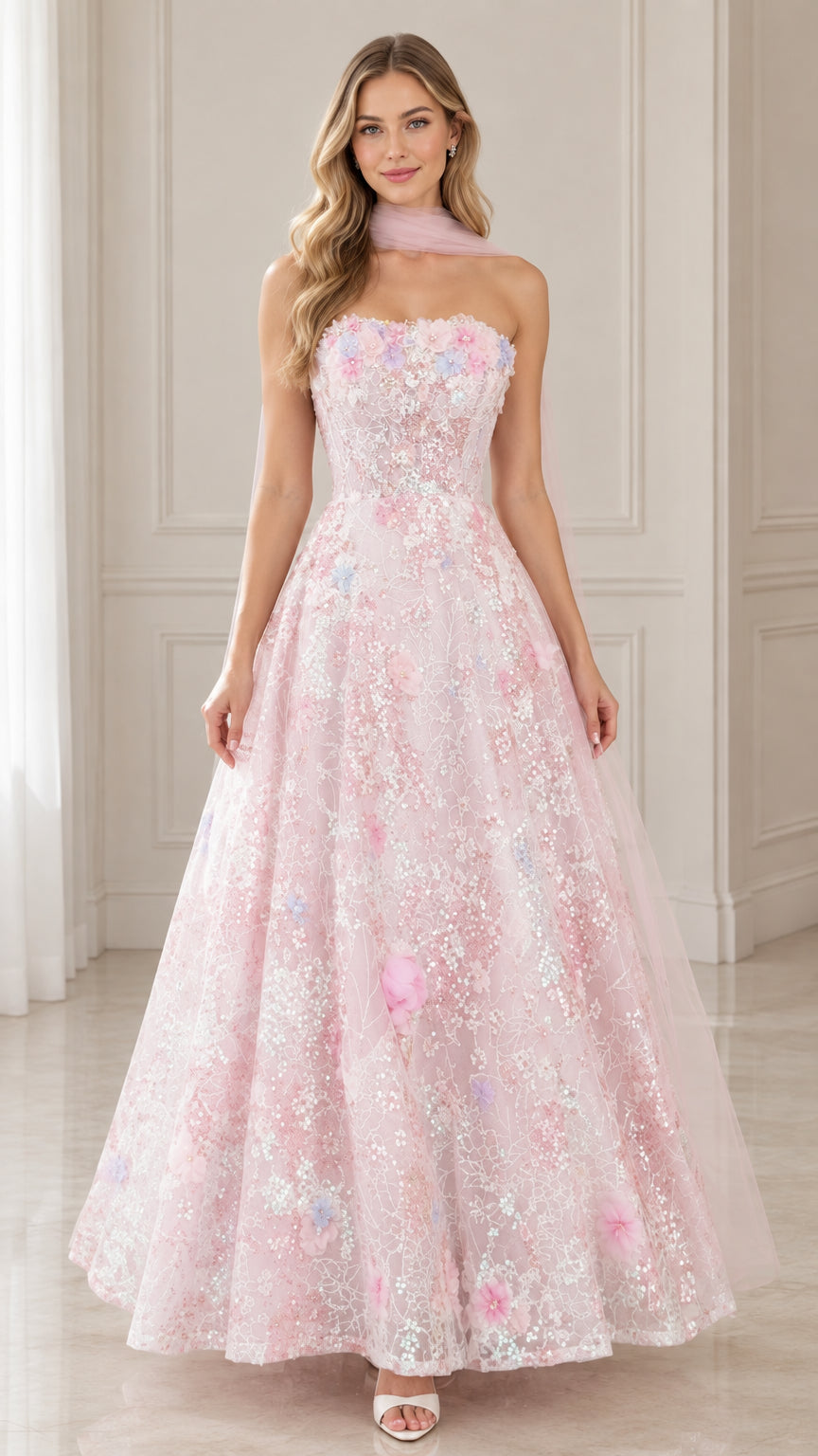 Front view of model wearing pink strapless 3D floral sequin evening gown with matching neck drape
