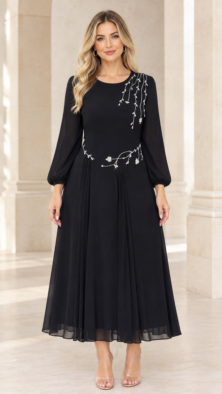 Front view of black long sleeve chiffon midi dress with rhinestone floral embellishments