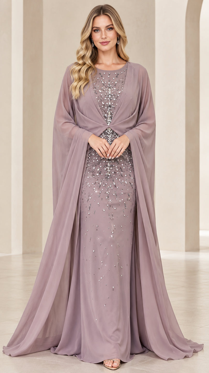 Front view of model wearing dusty mauve sequined evening gown with floor-length chiffon cape
