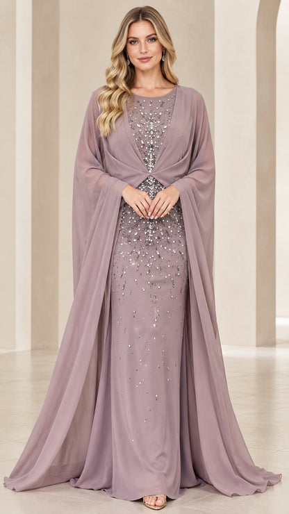 Front view of model wearing dusty mauve sequined evening gown with floor-length chiffon cape