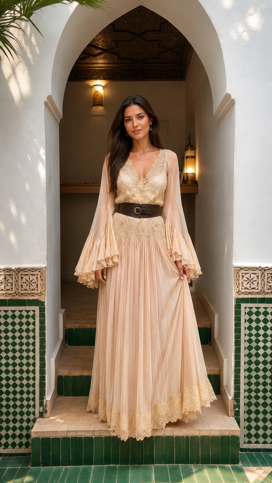 Front view of champagne lace trim pleated maxi dress with long bell sleeves and dark waist belt