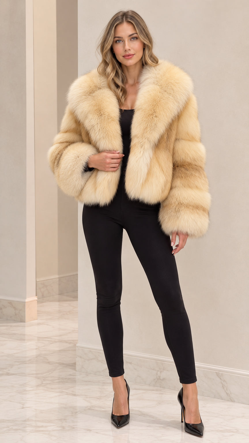 Front full view of woman wearing Champagne Beige cropped faux fur jacket with black pants and heels