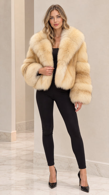 Front full view of woman wearing Champagne Beige cropped faux fur jacket with black pants and heels