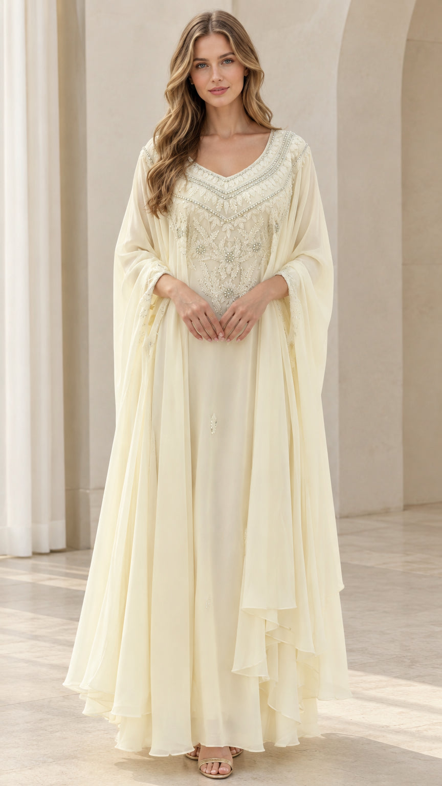 Cream embroidered chiffon cape maxi evening gown front view