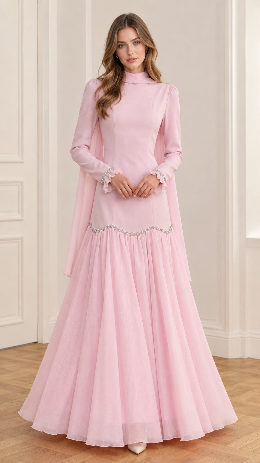 Front full view of pink high-neck long-sleeve embellished drop waist evening gown