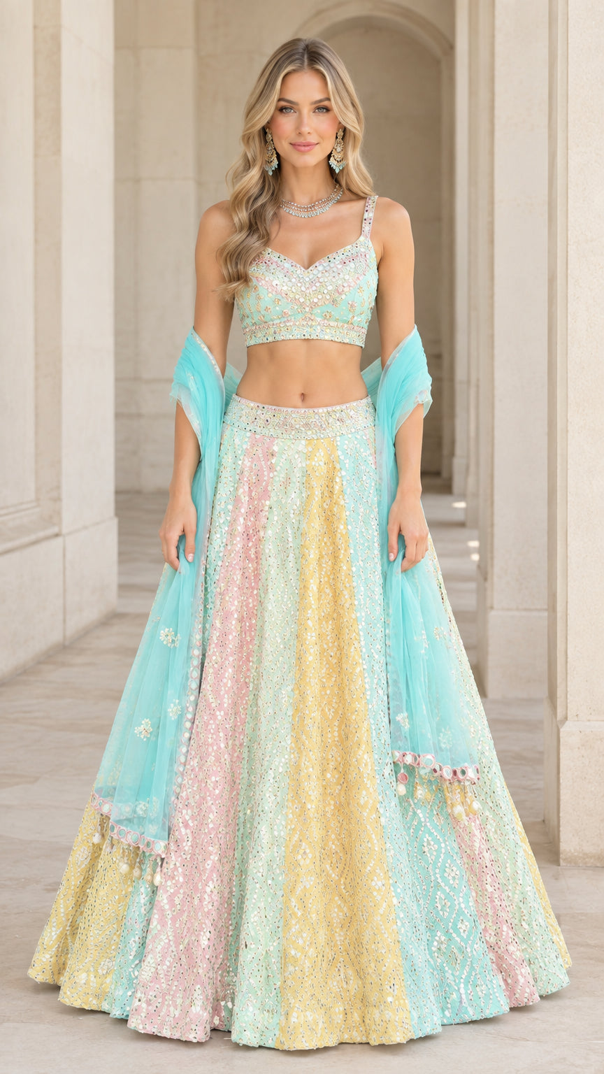 Front view of model wearing pastel multicolor embroidered lehenga choli set with dupatta