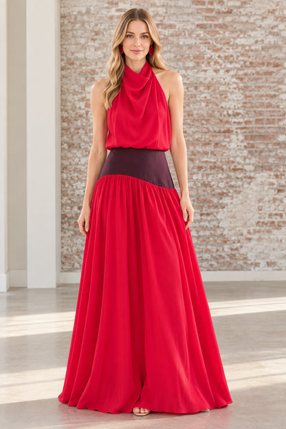 Front full-length view of the red cowl halter neck backless maxi dress