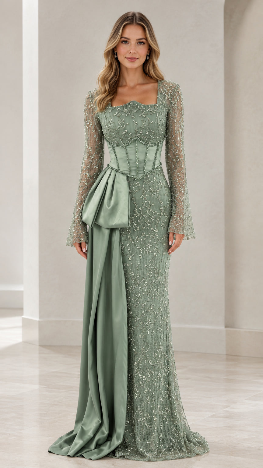 Front view of model wearing sage green beaded evening gown with corset bodice and satin side drape