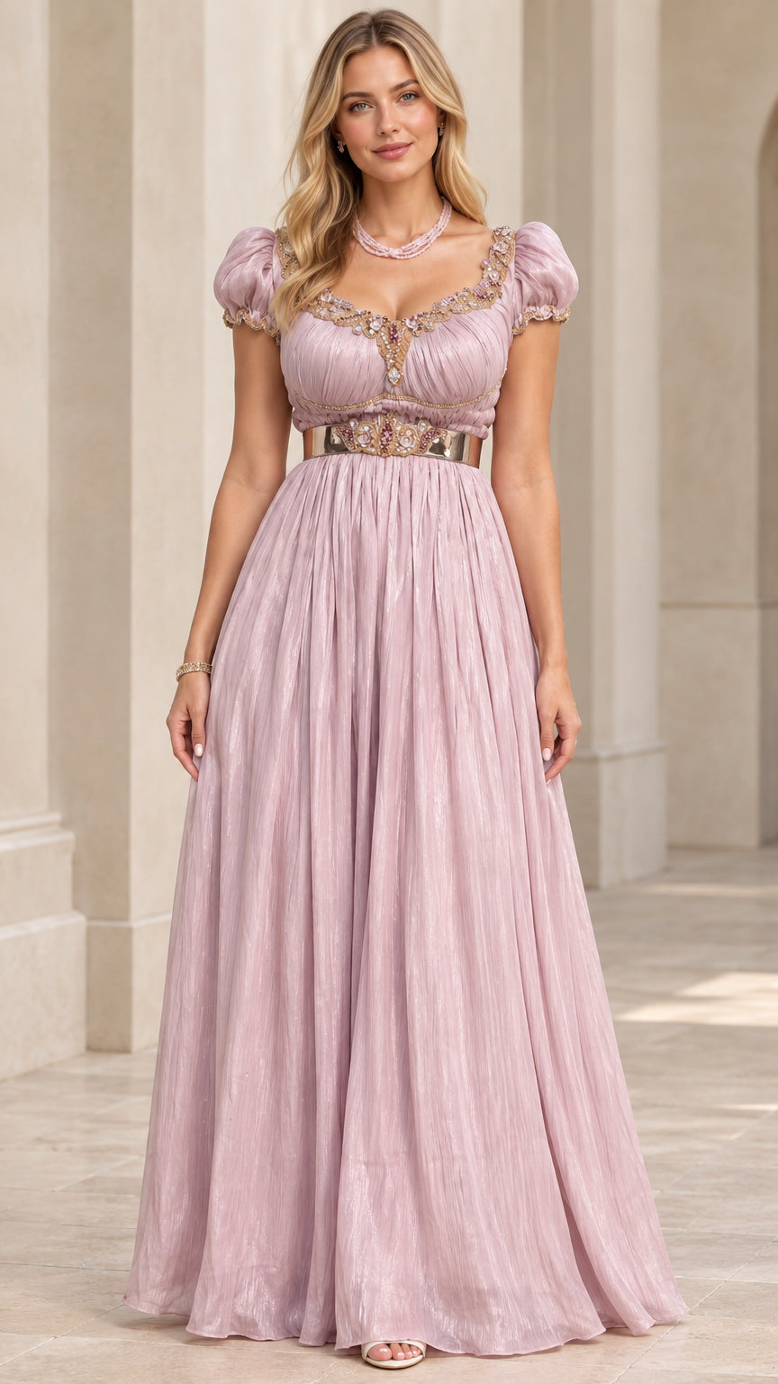 Dusty lilac empire waist maxi gown with beaded scoop neckline and puff sleeves - front view