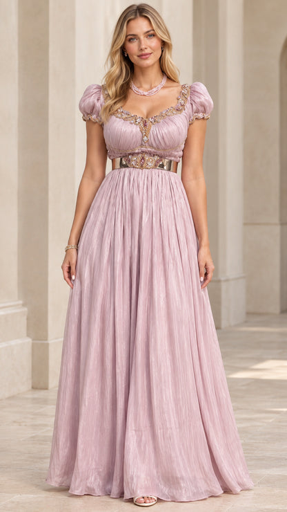 Dusty lilac empire waist maxi gown with beaded scoop neckline and puff sleeves - front view