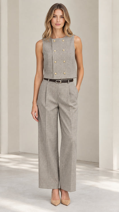 Front full view of women's grey houndstooth sleeveless vest and wide leg pants set with belt