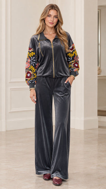 Women's charcoal velvet tracksuit set front view showing floral embroidered sleeves