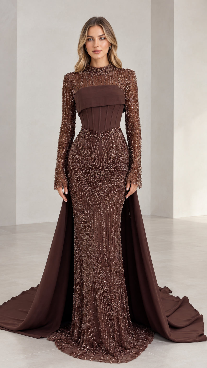 Front view of woman wearing brown beaded high neck evening gown with corset bodice and train