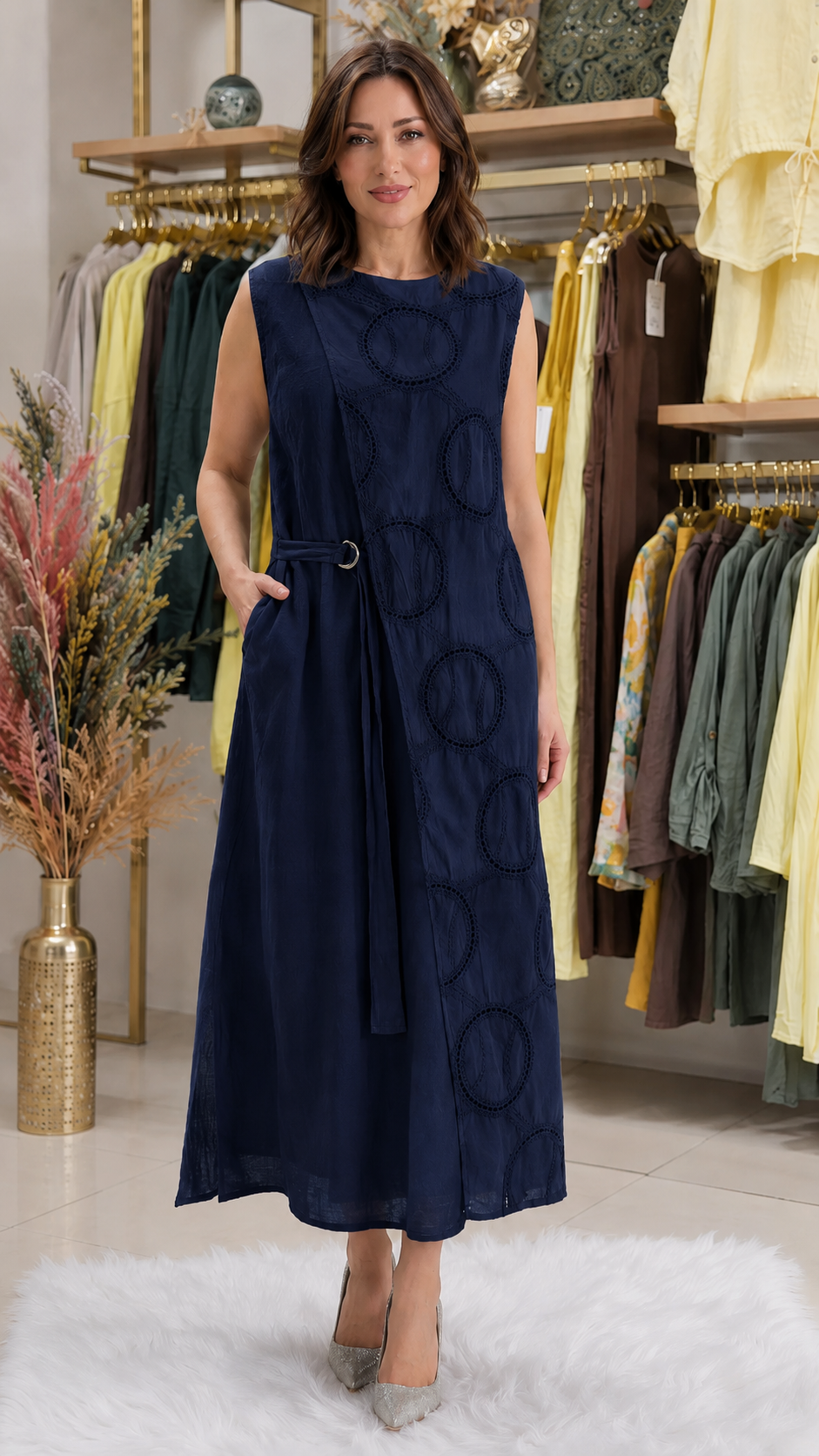 Women's navy sleeveless midi dress with tie waist, side pockets, and textured circle detail front view
