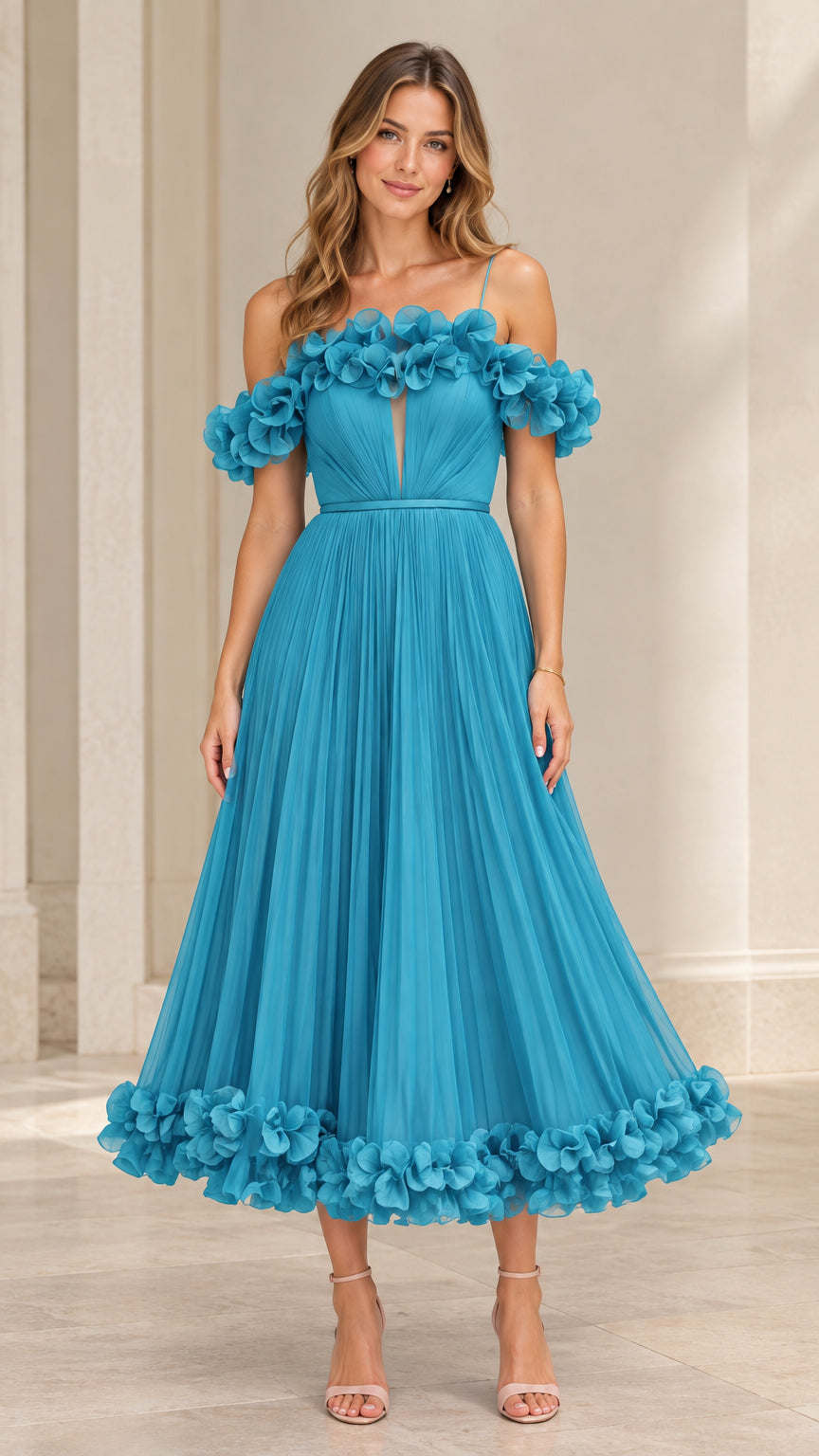 Front view of teal blue 3D floral applique pleated tulle midi dress with spaghetti straps