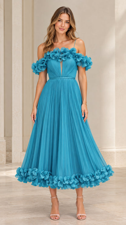 Front view of teal blue 3D floral applique pleated tulle midi dress with spaghetti straps