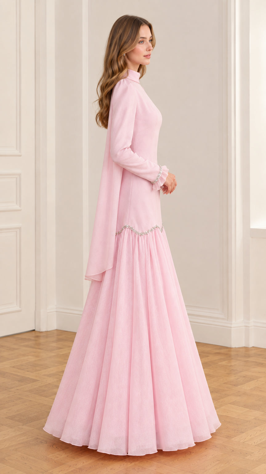 Side profile of pink evening gown showing back cape drape