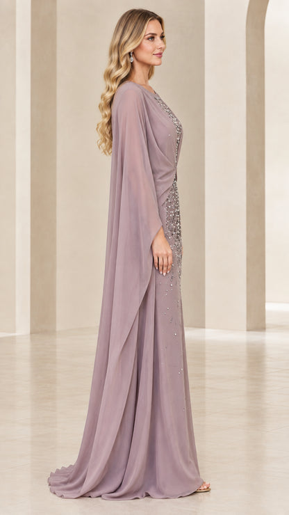 Side profile view of dusty mauve formal cape evening dress