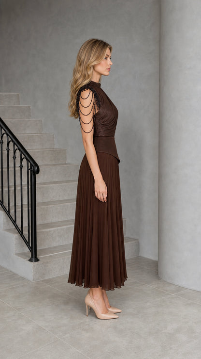 Chocolate Brown Mock Neck Pleated Evening Dress - Side View