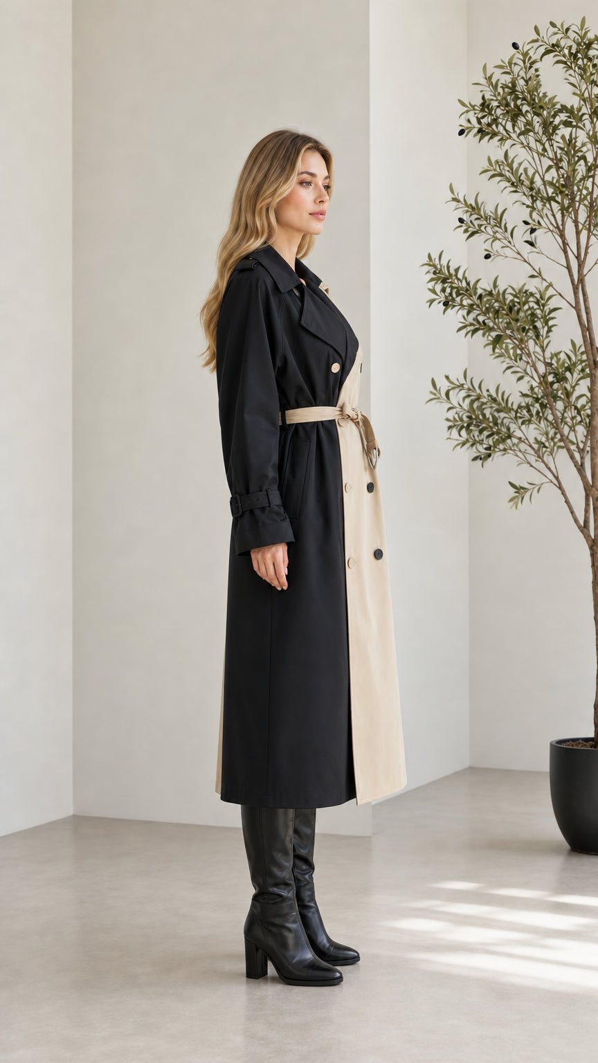 Side profile of woman modeling the Black and Khaki two-tone belted long trench coat