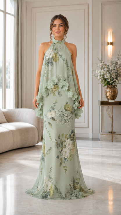 Front view of sage green floral halter maxi dress with layered drape and appliqué trim
