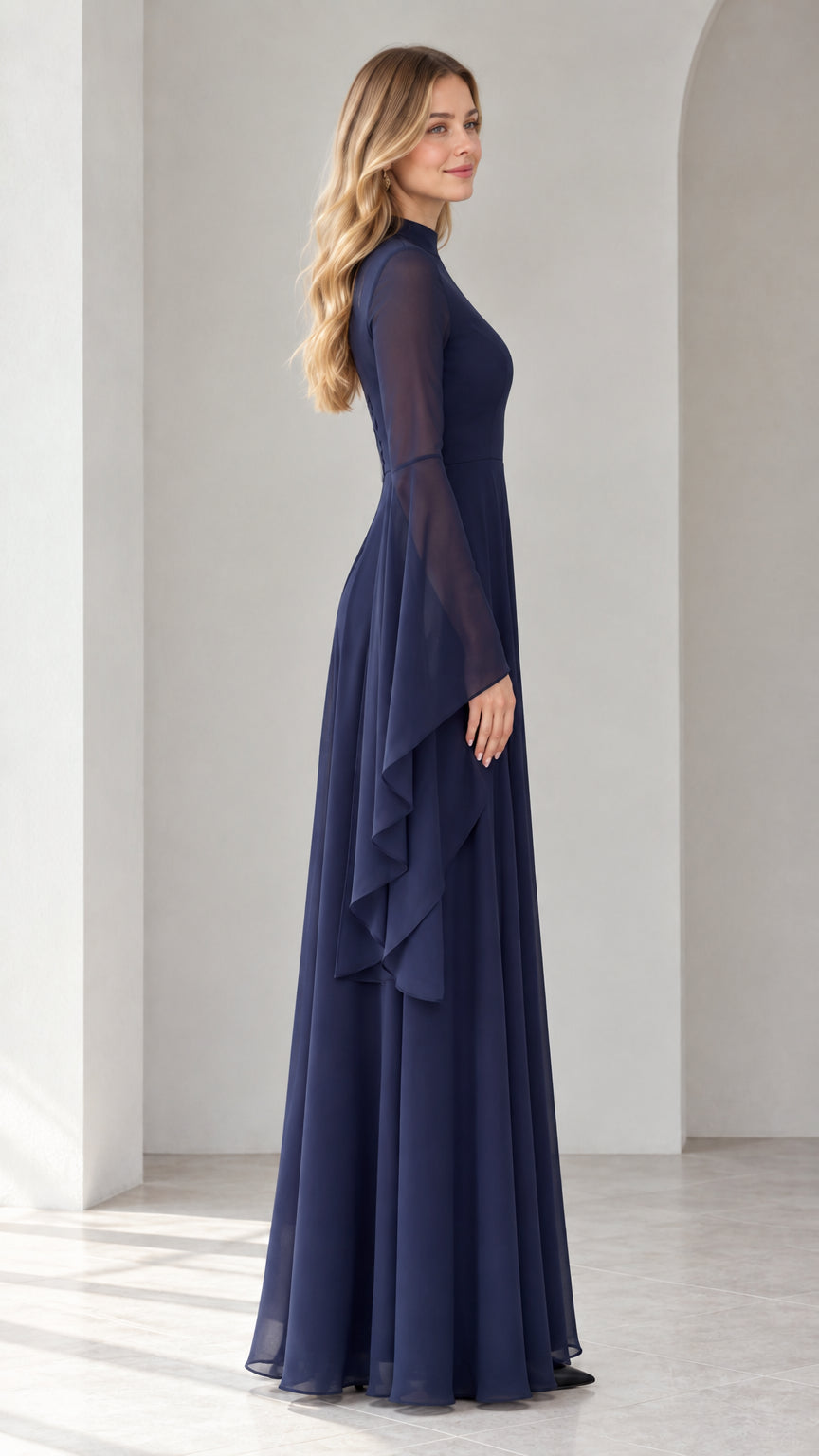 Side profile of navy blue floor-length chiffon dress showing cascading sleeve drape