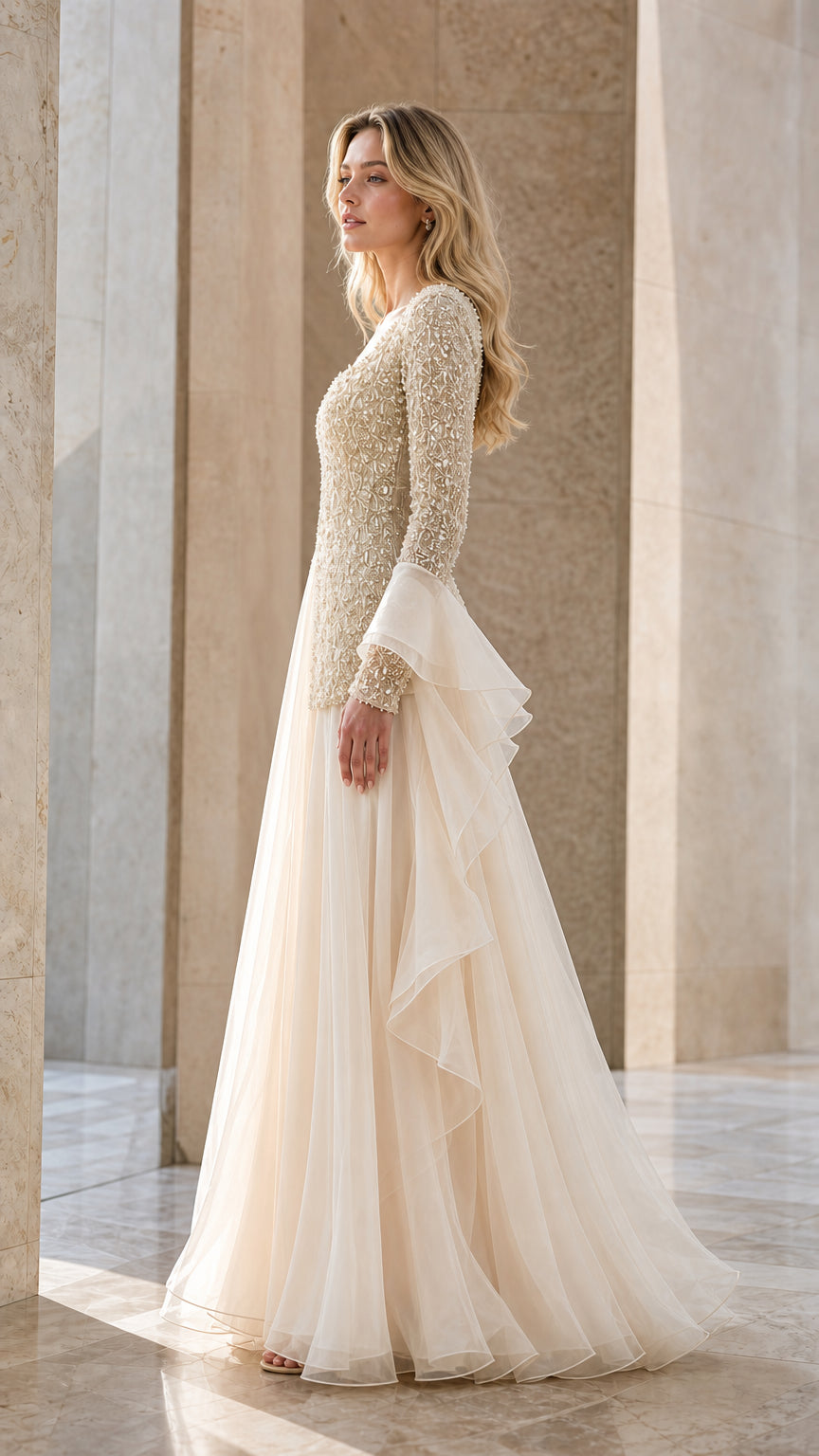 Side profile of woman wearing Champagne beaded formal gown with ruffled flounce sleeves