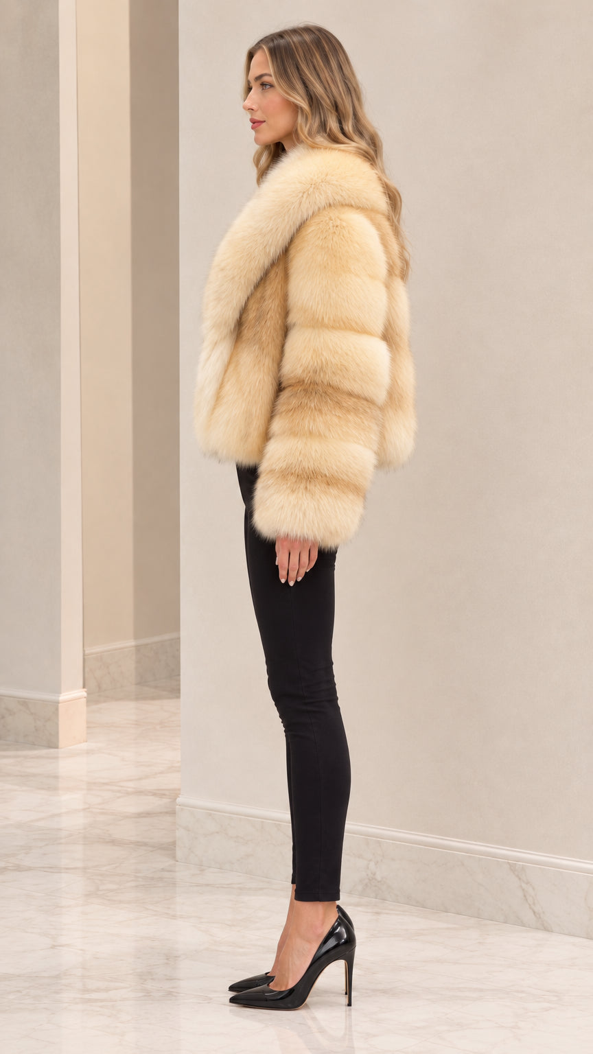 Side profile view of woman modeling Champagne Beige faux fur cropped coat