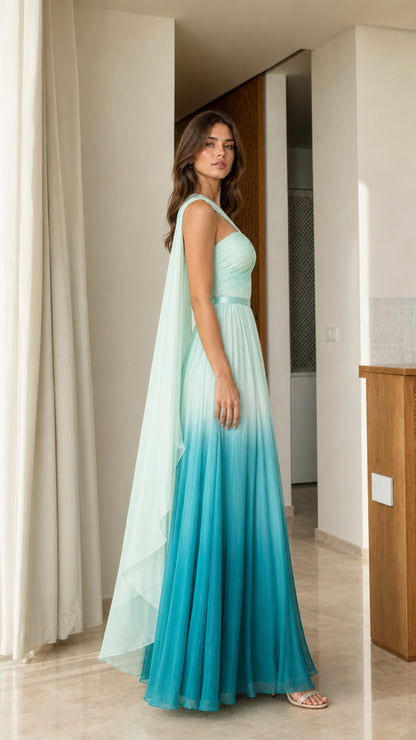 Side profile of teal ombre one-shoulder formal dress