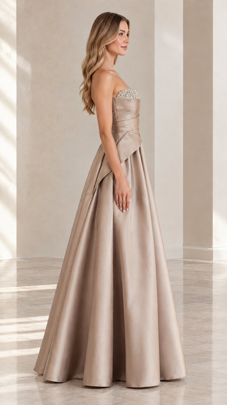 Champagne satin formal dress with draped waist side profile