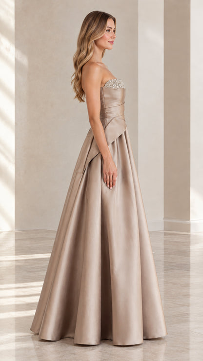 Champagne satin formal dress with draped waist side profile