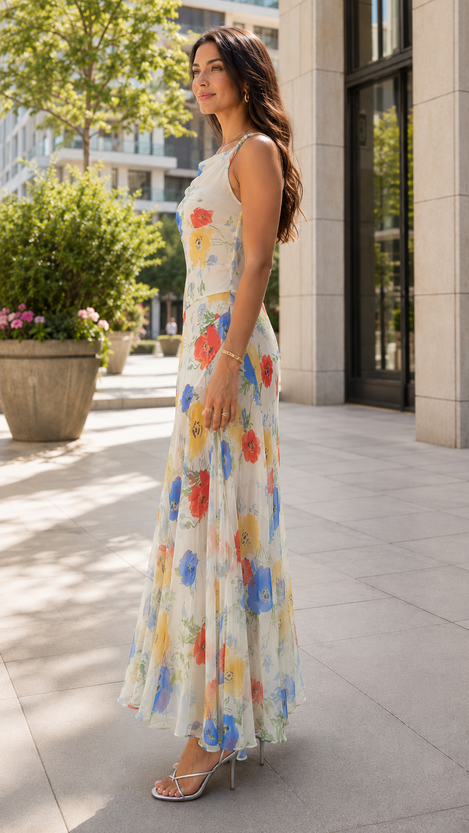 Side view of ivory floral sleeveless cowl neck maxi dress