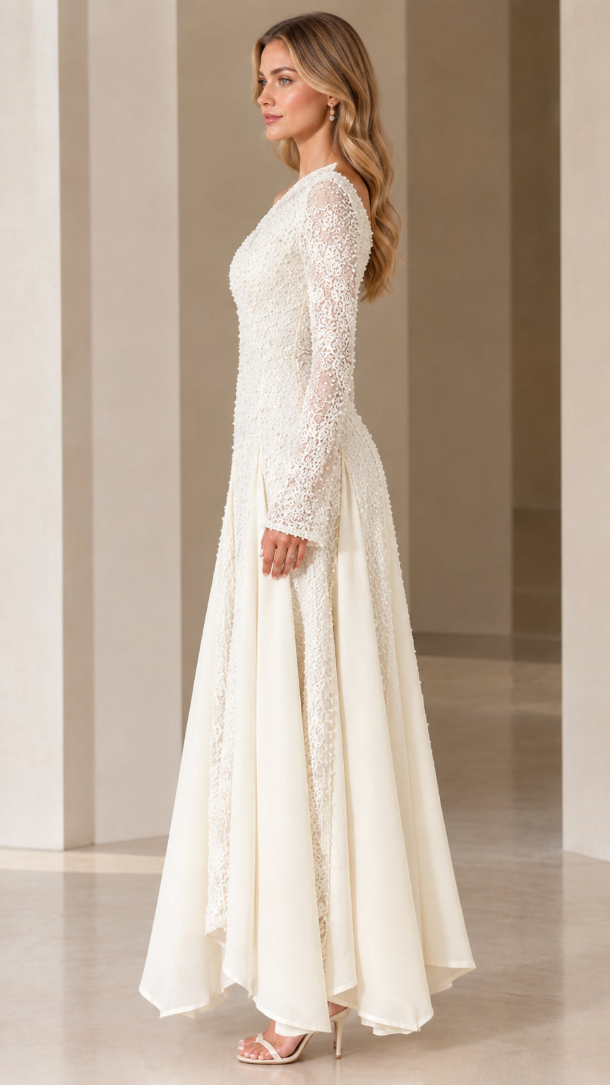 Side view of Ivory long-sleeve lace evening gown showing elegant drape