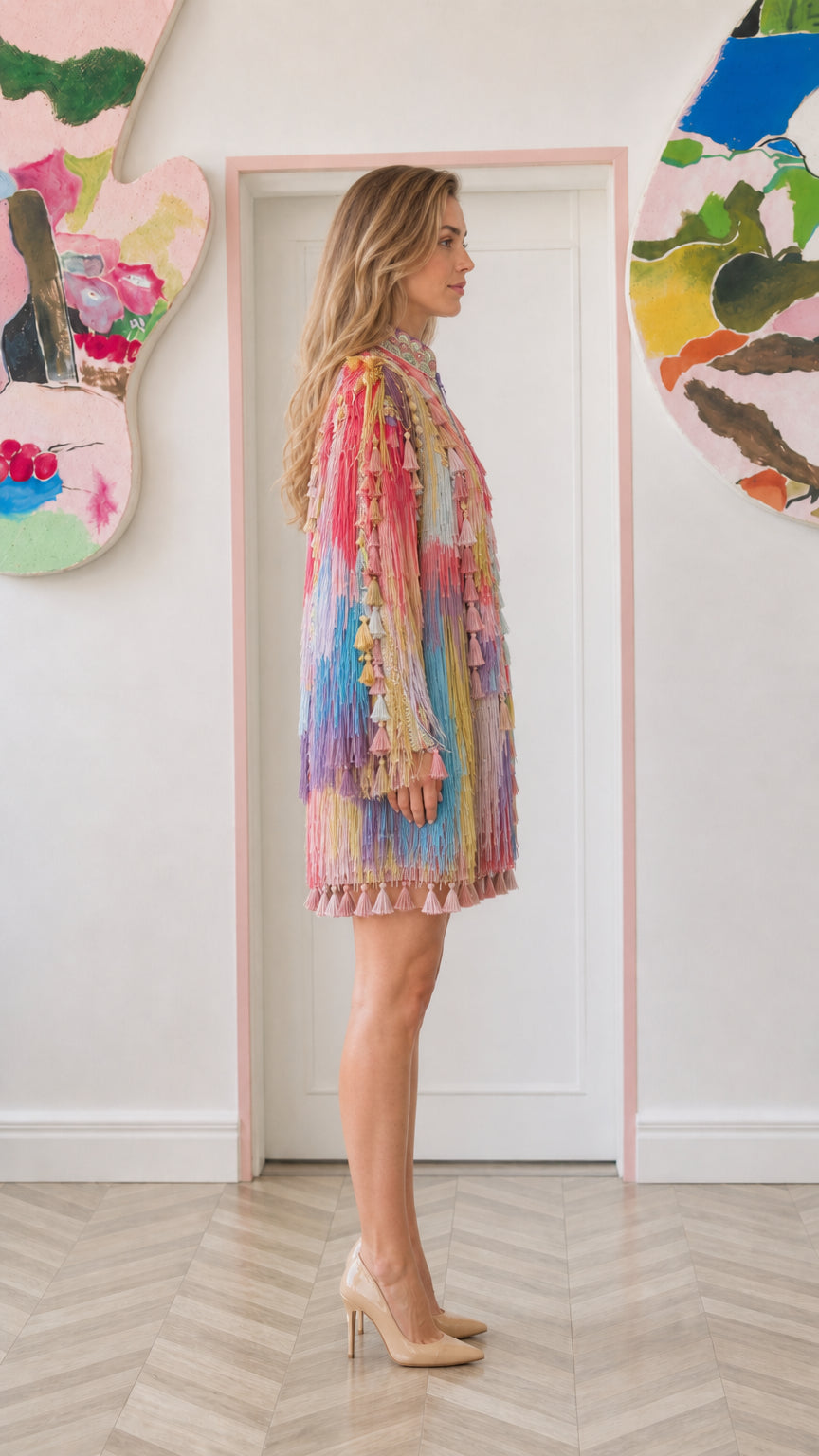 Model wearing pastel multicolor fringe tassel dress side profile view