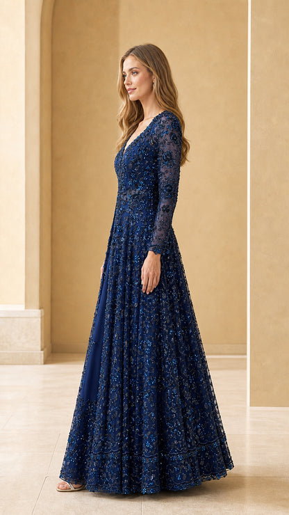 Navy blue embellished floor length evening dress side profile view