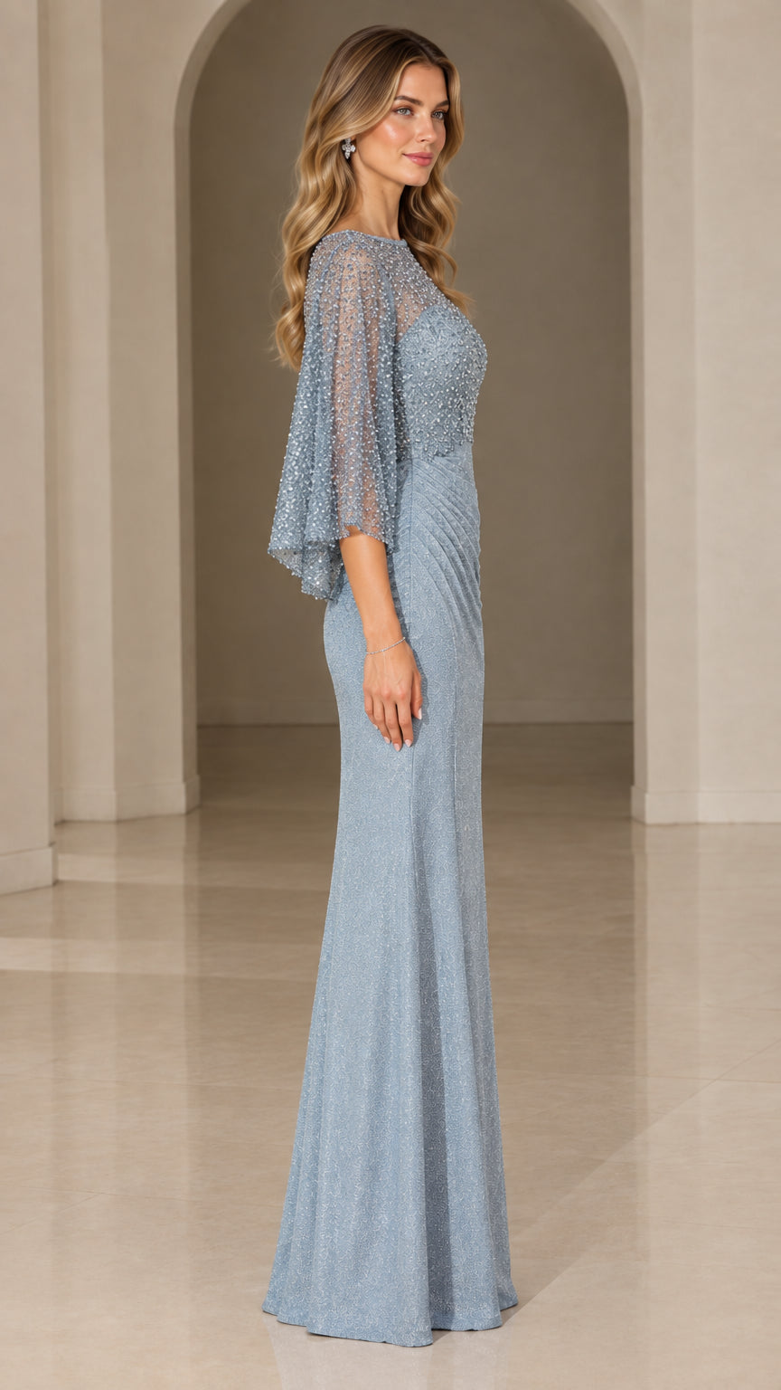 Side profile view of dusty blue sequined maxi formal dress