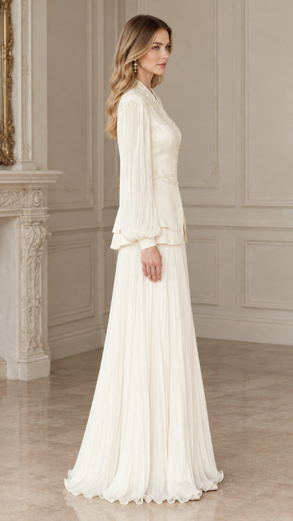 Side profile view of woman wearing ivory formal evening gown set