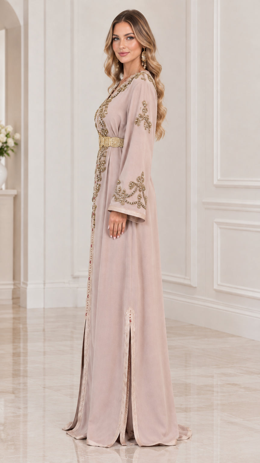 Side profile view of Dusty Pink embroidered kaftan showing side slit and bell sleeve