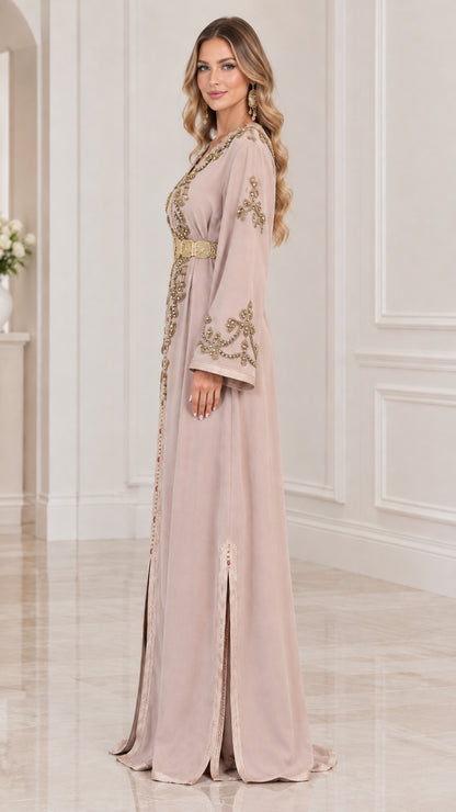 Side profile view of Dusty Pink embroidered kaftan showing side slit and bell sleeve