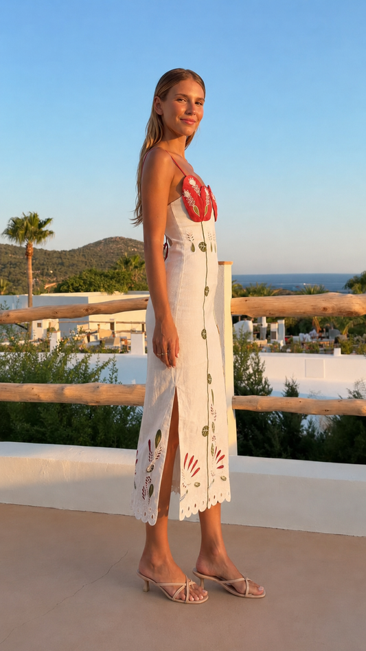 Side view of ivory and red embroidered midi dress with slim straps and fitted silhouette