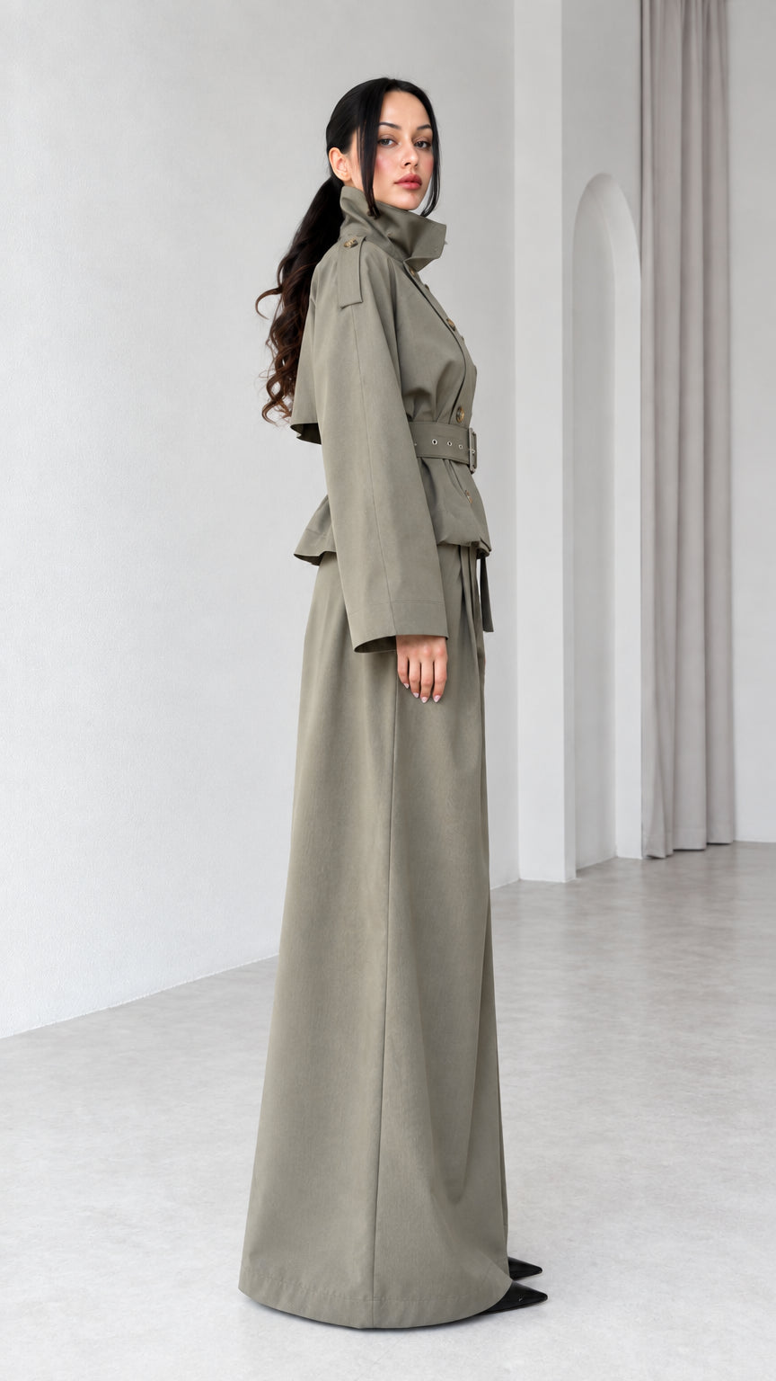 Side profile view of Sage Green wide-leg pant and belted trench suit set