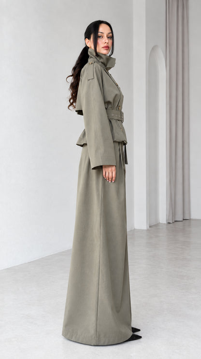 Side profile view of Sage Green wide-leg pant and belted trench suit set