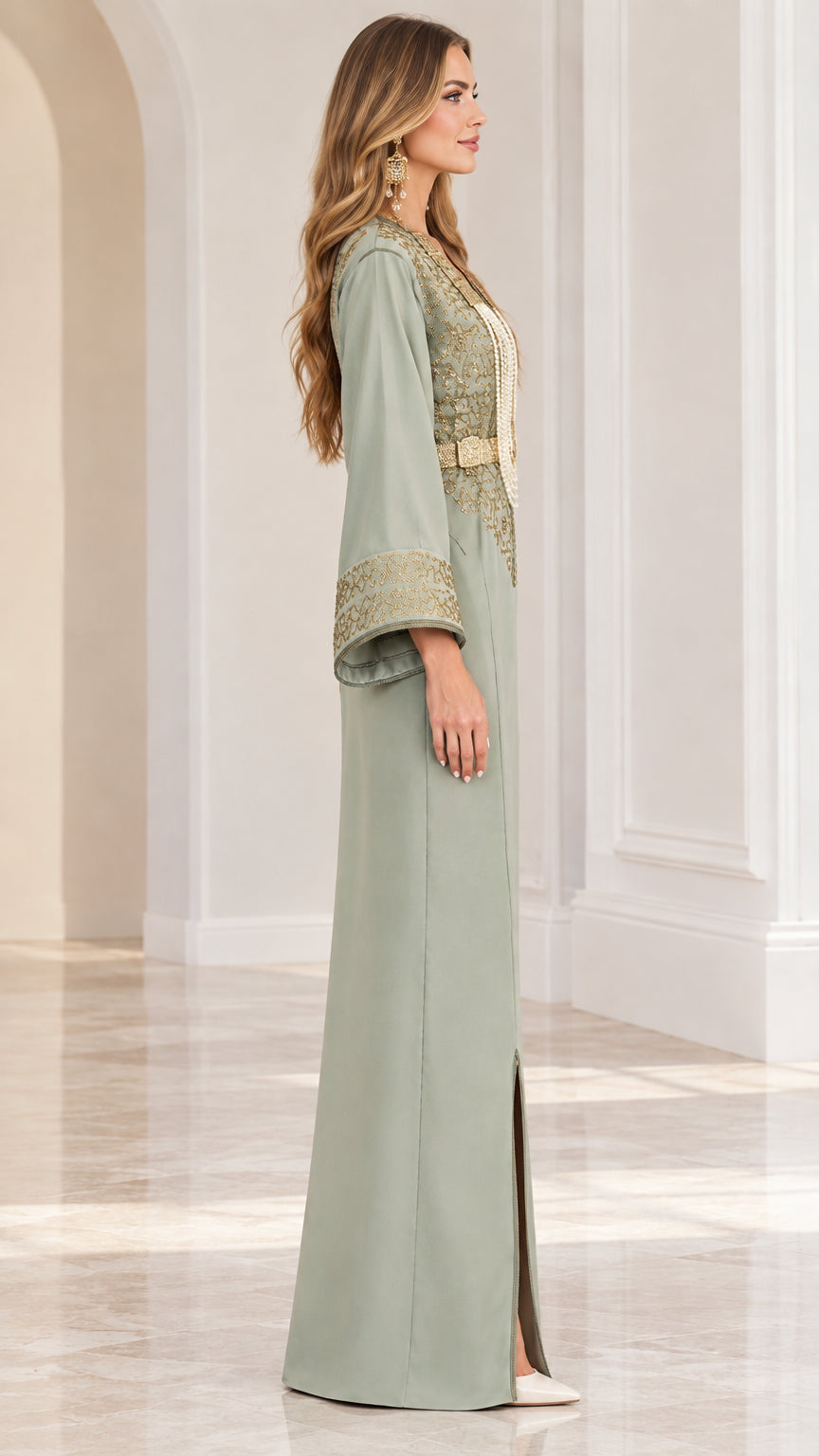 Side view of woman wearing Sage Green long sleeve embroidered kaftan dress