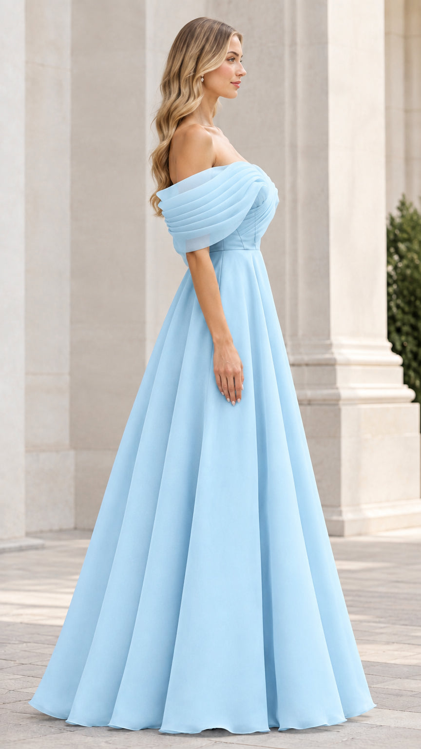 Side profile of model in a light blue sweetheart off-shoulder formal maxi dress