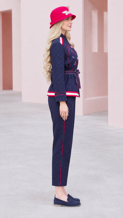 Side view of navy blue stand collar jacket and pant set