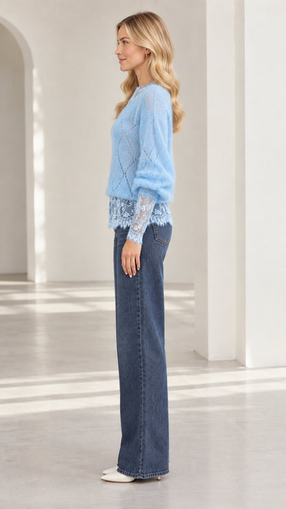 Side view of model wearing light blue lace trim knit sweater