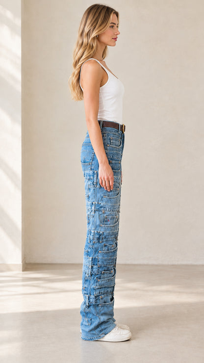 Side profile view of model wearing denim blue tiered multi-pocket jeans