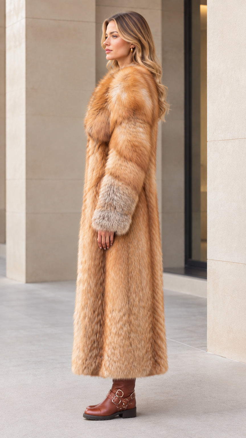 Side profile of woman in long honey brown faux fur overcoat