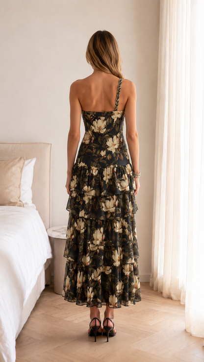 Back view of black floral one-shoulder tiered maxi dress