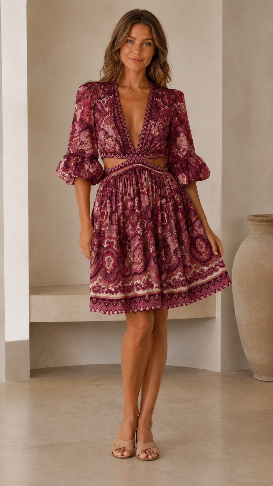 Burgundy printed mini dress with plunging neckline and full skirt front view